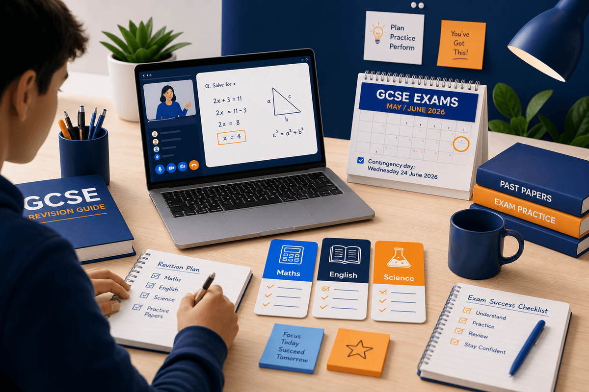Student preparing for GCSE exams with online revision support